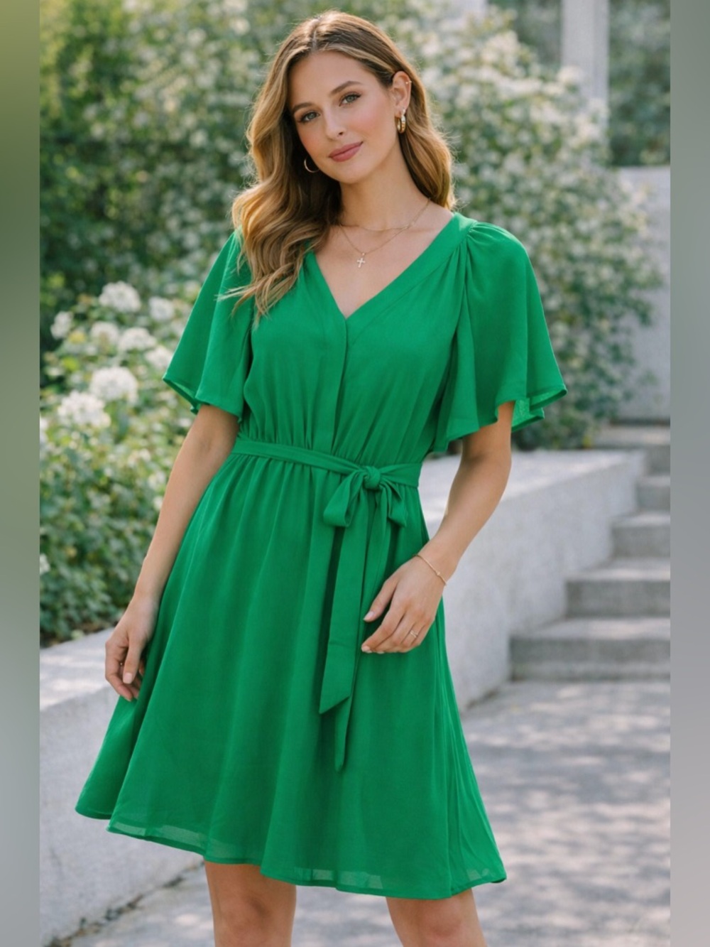 H&M Emerald Green V-Neck Tie-Waist Midi Dress